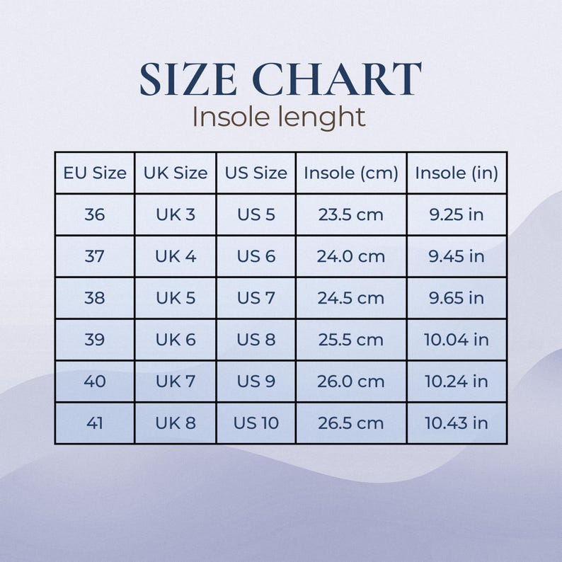 May include: A size chart with the text "SIZE CHART" and "Insole length". The chart includes EU, UK, and US sizes, along with insole measurements in centimeters and inches. Sizes range from EU 36 (9.25 in) to EU 41 (10.43 in).