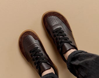 Zapatillas descalzas de piel color marrón chocolate para mujer, zapatillas para pies anchos, calzado minimalista de caída cero, zapatos cómodos para caminar.