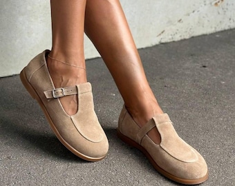 Beige Suede Mary Janes for Women, Handmade Genuine Leather T-Strap Flat Shoes, Handmade Loafers, Wide Fit Fall Shoes, Soft Beige Flats