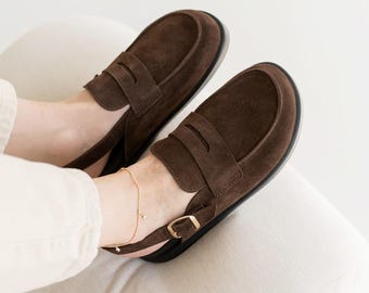Chocolate Brown Suede Sandals Women, Genuine Leather Summer Slides, Minimalist Open Toe Mules, Wide Fit Comfort Shoes, Handmade Brown Flats