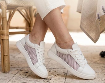 Summer Anatomical Sneakers, Wide Toe Box Walking Shoes, White Leather Sneakers with Mesh, Breathable Barefoot Shoes for Women,