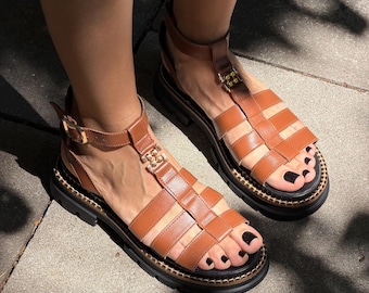 Sandalias de cuero gruesas para mujer, sandalias de plataforma marrones, zapatos de verano de cuero beige, sandalias de pescador, sandalias con suela gruesa.