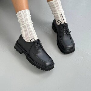 Black Genuine Leather Oxford Shoes, Chunky Platform Derby for Women, Classic Lug Sole Loafers, Comfortable Business Casual Shoes image 4