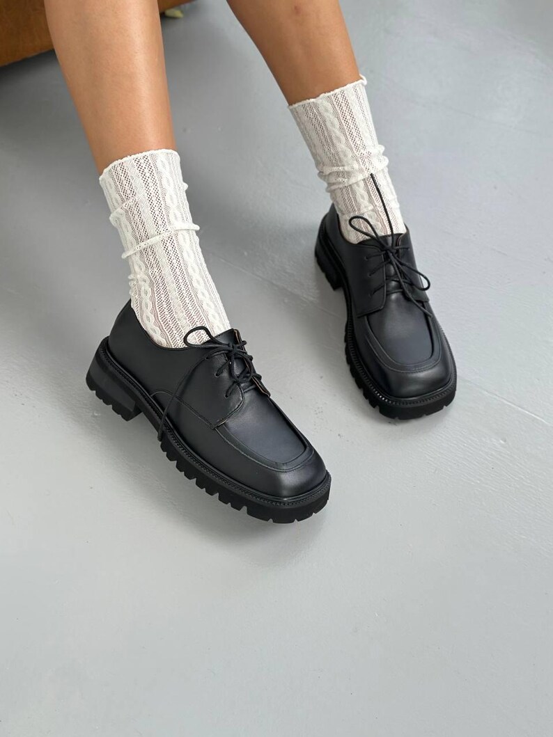 Black Genuine Leather Oxford Shoes, Chunky Platform Derby for Women, Classic Lug Sole Loafers, Comfortable Business Casual Shoes image 4