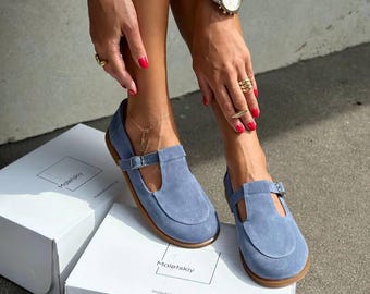 Mary Janes de ante azul, bailarinas de mezclilla azul, zapatos anchos y cómodos, zapatos de cuero para caminar, bailarinas de estilo descalzo, zapatos casuales de ante suave