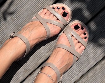 Sandalias de cuero cómodas para mujer, sandalias de verano color topo, sandalias planas de horma ancha, zapatos de cuero suave, sandalias de viaje, sandalias para el día a día.