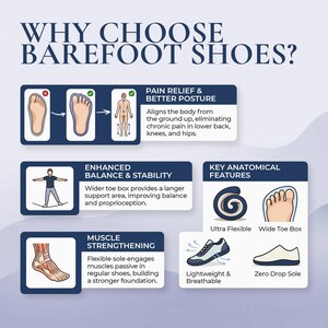 May include: An infographic titled WHY CHOOSE BAREFOOT SHOES? featuring diagrams on pain relief, posture, balance, and muscle strengthening. It highlights anatomical features like a wide toe box, flexible sole, and zero drop sole design.