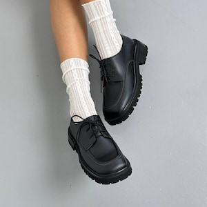 Black Genuine Leather Oxford Shoes, Chunky Platform Derby for Women, Classic Lug Sole Loafers, Comfortable Business Casual Shoes image 9