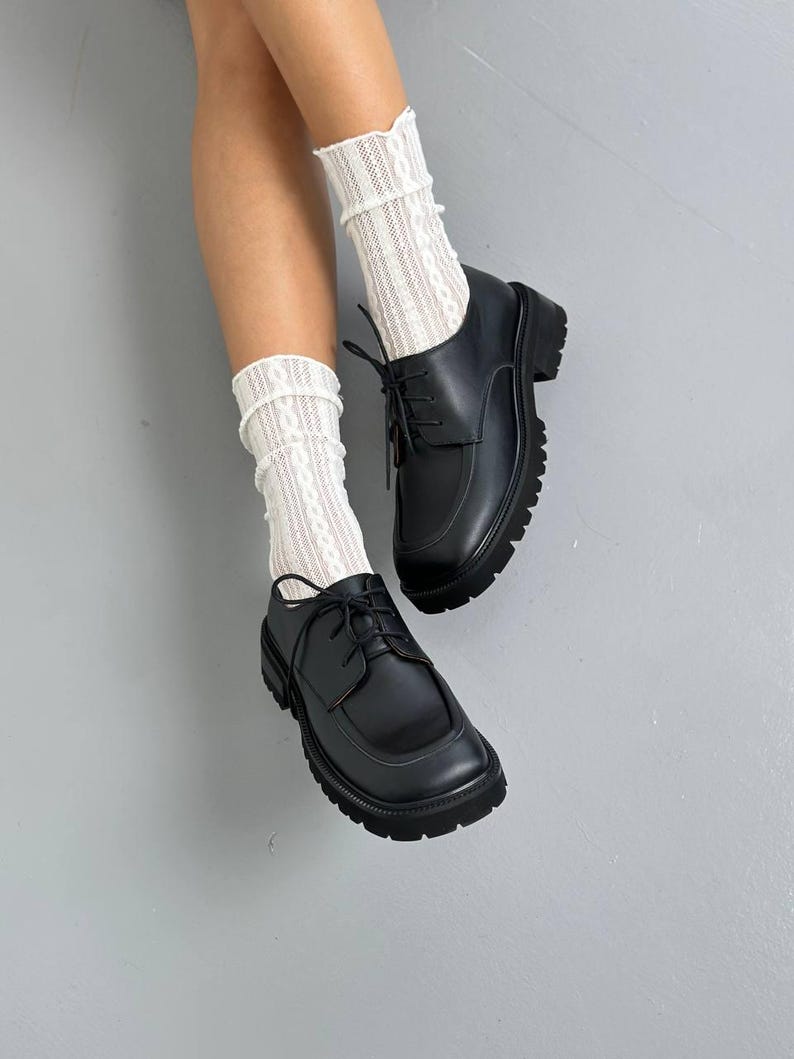Black Genuine Leather Oxford Shoes, Chunky Platform Derby for Women, Classic Lug Sole Loafers, Comfortable Business Casual Shoes image 9