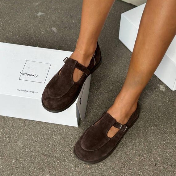 Wide Fit Chocolate Brown Suede Mary Janes for Women, Handmade Dark Academia T-Strap Flats, Genuine Leather Shoes, Comfortable Loafers