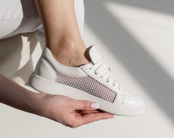 Comfortable Shoes for Bunions, Wide Fit Leather Flats, Perforated Summer Sneakers, Airy Walking Shoes Women, White Mesh Trainers