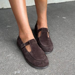 Wide Fit Chocolate Brown Suede Mary Janes for Women, Handmade Dark Academia T-Strap Flats, Genuine Leather Shoes, Comfortable Loafers image 4