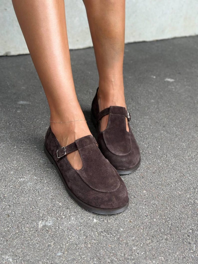 Wide Fit Chocolate Brown Suede Mary Janes for Women, Handmade Dark Academia T-Strap Flats, Genuine Leather Shoes, Comfortable Loafers image 4