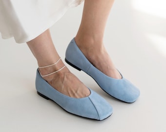 Light Blue Suede Ballet Flats Women Ballerinas, Square Toe Flats, Handmade Suede Shoes, Elegant Slip-on Loafers, Everyday Flat Shoes