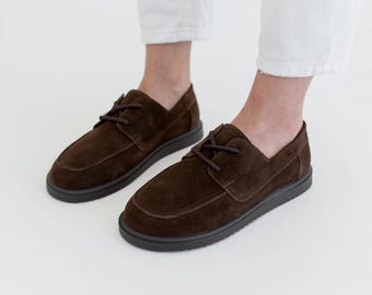 Zapatos Oxford anatómicos de ante en tonos tierra, planos marrón chocolate de corte ancho, cómodos mocasines con puntera ancha, zapatos de cuero suave para caminar.