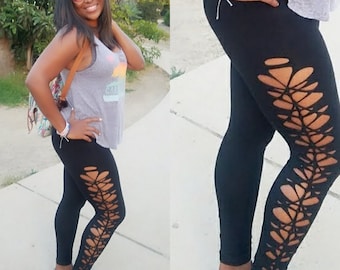 Black Yoga Leggings Braided Down the Sides available in Plus Sizes