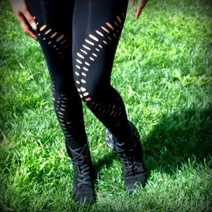 Womens Leggings - Black Shredded Leggings and Tights Cut Out fashion leggings