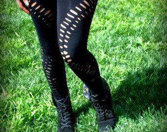 Womens Leggings - Black Shredded Leggings and Tights Cut Out fashion leggings