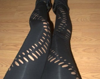 Womens Leggings - Black Shredded Leggings and Tights Cut Out fashion leggings