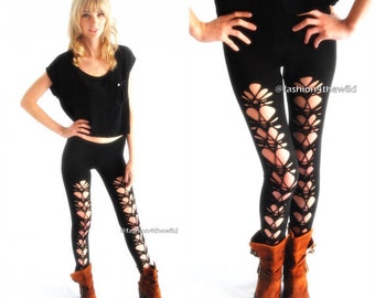 Black Womens Pants Leggings, Black Tights, Front Cut Heart New Design