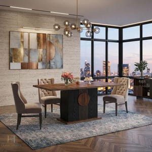 May include: A dining room set featuring a rectangular wooden table with a black base and four upholstered chairs. The room includes a patterned rug, artwork, and a chandelier. The table is approximately 72 inches long.