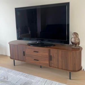 70" Mid Century Modern TV Stand with Sliding Tambour Doors. Media Console for TVs up to 75". Large Wood Entertainment Center with Storage.