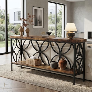 70.9" Extra Long Industrial Sofa Table - Slim 2-Tier Console Table Behind Couch Entryway Stand with Artistic Metal Frame.