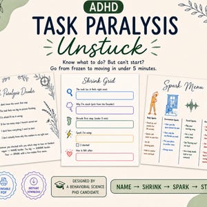 Puede incluir: Una guía imprimible de gestión de tareas TDAH con tres secciones: Task Paralysis Decoder, Shrink Grid y Spark Menu. El documento incluye listas de verificación, indicaciones e iconos sobre un fondo crema con ilustraciones botánicas verdes.