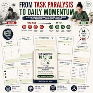 Peut inclure: Un cahier d'exercices sur le dysfonctionnement exécutif de 7 jours intitulé From Overwhelm to Action, comprenant plus de 74 pages imprimables dont un brain dump, un planificateur de sprint, un suivi d'hyperfocus et un plan de secours.