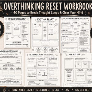 Utskrivbar övertänkarjournal, övertänkararbetsbok, sluta övertänka, tankelooparbetsblad, mental klarhet PDF, självhjälpsarbetsbok
