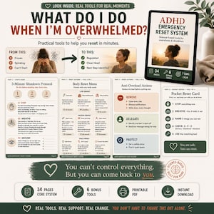 Peut inclure: Un guide numérique intitulé ADHD Emergency Reset System proposant des outils pratiques contre la surcharge. La mise en page comprend un système de 34 pages, 6 outils bonus et des instructions PDF imprimables pour la gestion du stress.