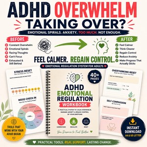 以下が含まれることがあります： 40ページ以上のADHD感情調整ワークブック。スパイラル綴じで、ストレスリセット、気分チェックイン、セルフコンパッションガイドなどの印刷可能なワークシートに囲まれています。表紙には不安や感情のコントロールに関するテキストが記載されています。