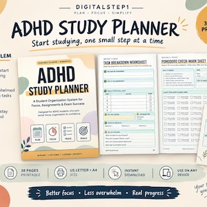 ADHD Student Planner Printable, Study Planner PDF, Assignment Tracker, Exam Prep & Focus Worksheets, A4 US Letter