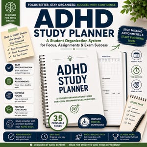 ADHD Study Planner | ADHD Student Planner Digital System for Focus, Assignments & Exam Prep | Academic Organization Workbook