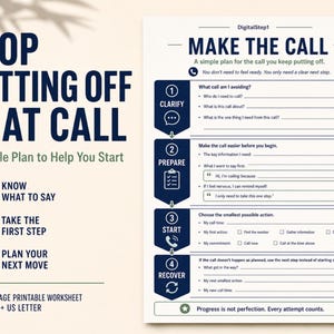 Peut inclure: Une fiche de travail imprimable intitulée MAKE THE CALL avec un processus en quatre étapes : CLARIFY, PREPARE, START et RECOVER. Le document inclut des invites pour planifier des appels, des cases à cocher et le texte Progress is not perfection.