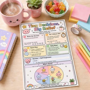 Peut inclure: Une feuille de travail rectangulaire intitulée Tiny Decisions, Big Relief avec des sections aux couleurs pastel, des étapes numérotées et un graphique circulaire intitulé What's Stuck, illustré d'icônes de dessins animés.