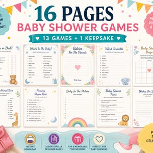 Peut inclure: Un ensemble de 16 cartes de jeux de fête prénatale imprimables avec des titres tels que Mom or Dad, What's In The Baby, Advice For The Parents, Word Scramble, Baby Shower Bingo, Baby Animal Race, Nursery Rhyme Quiz, Baby In The Picture et Trivia.