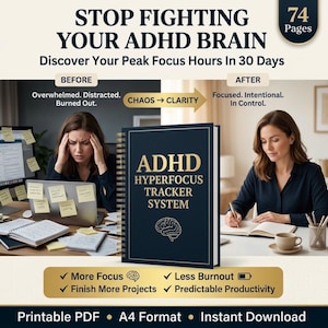 Puede incluir: Un planificador ADHD Hyperfocus Tracker System de 74 páginas con cubierta azul oscuro, texto dorado y un icono de cerebro. La imagen muestra texto que incluye STOP FIGHTING YOUR ADHD BRAIN, Discover Your Peak Focus Hours In 30 Days.