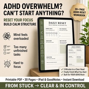 Peut inclure: Un cahier d'exercices ADHD reset de plus de 30 pages affiché sur l'écran d'une tablette et d'un smartphone. L'interface numérique présente un modèle de réinitialisation quotidienne avec des sections pour l'énergie, les priorités et réflexions.