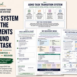 Werkboek voor taakwisseling bij ADHD | Systeem voor taakovergang en -hervatting | Onderbroken werk en herstart van taken | Printbare PDF