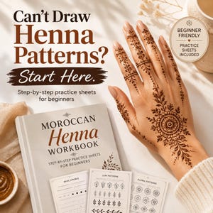Peut inclure: Un cahier d'exercices de henné marocain avec des feuilles de pratique étape par étape pour débutants. La couverture porte le texte Can't Draw Henna Patterns? Start Here. Une main avec des motifs de henné bruns complexes est visible.