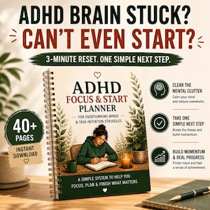 Peut inclure: Un planificateur à spirales ADHD Focus & Start avec une couverture crème illustrée d'une personne écrivant à un bureau. Le texte indique ADHD Focus & Start Planner for overthinking minds & task initiation struggles, 40+ pages, et téléchargement instantané.