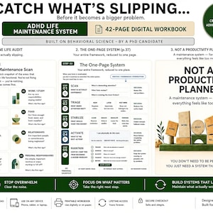 以下が含まれることがあります： ADHD Life Maintenance Systemというタイトルの42ページのデジタルワークブック。ドキュメントには、Life Maintenance Scan、One-Page System、Not a Productivity Plannerというセクションが含まれています。テキスト、アイコン、木製ブロックのグラフィックが掲載されています。