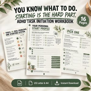 Peut inclure: Un cahier d'exercices de 16 pages pour l'initiation aux tâches TDAH avec des pages imprimées portant le texte 'YOU KNOW WHAT TO DO. STARTING IS THE HARD PART.' et 'YOUR PERSONAL START PROFILE'. Les pages incluent des listes et des illustrations.