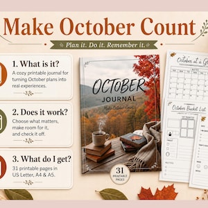 Peut inclure: Un journal imprimable d'octobre avec une couverture montrant un paysage de montagne, une tasse de café et des livres. L'ensemble comprend un calendrier, une liste d'objectifs et une page de suivi quotidien, totalisant 31 pages imprimables en A4 et A5.