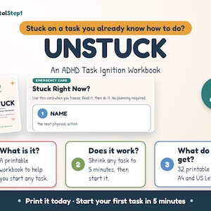 Peut inclure: Un cahier d'exercices imprimable de 32 pages pour l'ADHD intitulé UNSTUCK. Il comprend une carte d'urgence pour les blocages, avec des sections expliquant le but du cahier, la méthode de réduction des tâches à 5 minutes et les formats A4 et US Letter.