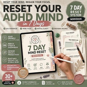 ADHD Planner for Adults – 7 Day Overwhelm Reset Workbook Burnout Recovery, Executive Dysfunction & ADHD Focus Planner | Anxiety Relief PDF