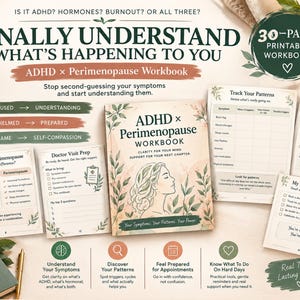ADHD-arbetsbok perimenopaus, symtomspårare för hjärndimma för kvinnor över 40, planerare för exekutiv dysfunktion, utskrivbar PDF digital nedladdning