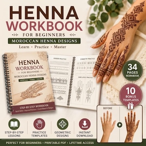 Henna Workbook for Beginners | Moroccan Henna Course | Practice Guide, Henna Patterns & 10 Templates