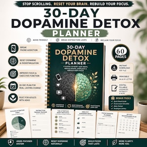 30-dagen dopamine detox planner | Digitaal detox werkboek voor ADHD | Systeem voor het resetten van telefoonverslaving | Toolkit voor executieve functies